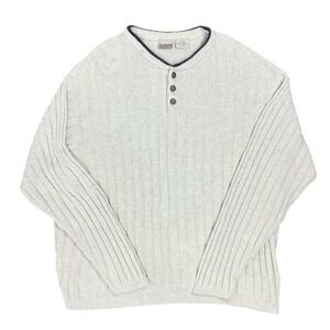Y2K Fieldmaster Men's Henley Sweater XL White Heavy Knit Ramie Cotton Blend